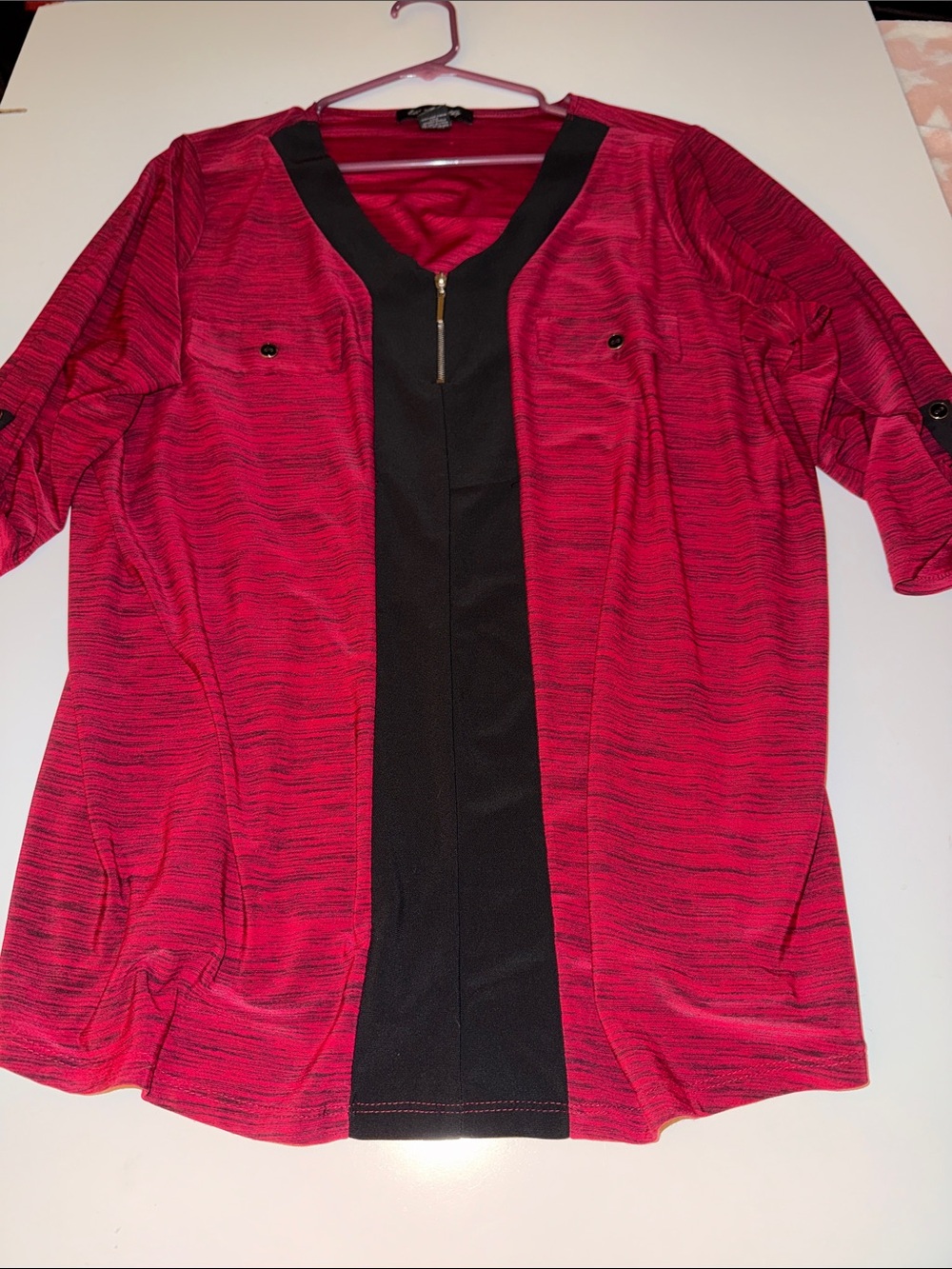 Women’s Red and Black Zip-Front V-Neck Blouse with Roll-Tab Sleeves